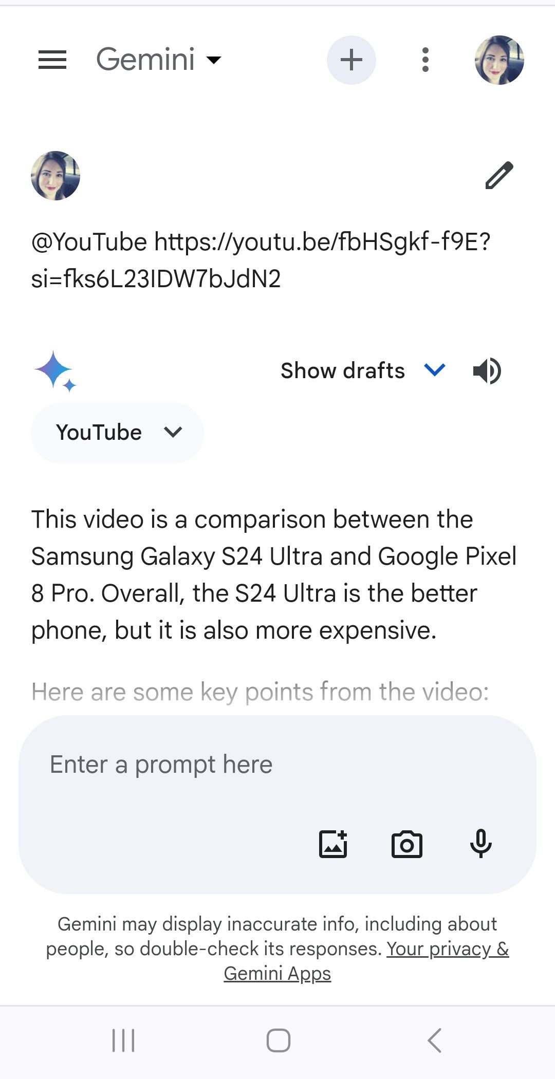 google gemini response to youtube video link prompt request