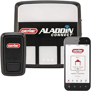 Genie Aladdin Connect controllers and smart phone on white background