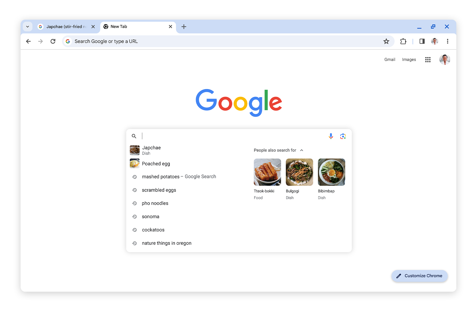 Screenshot showing search suggestions with images in Google Chrome that are based on browsing history