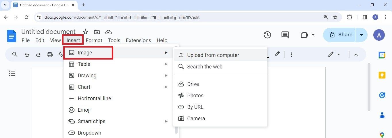 Screenshot showing how to insert an image in Google Docs on dektop
