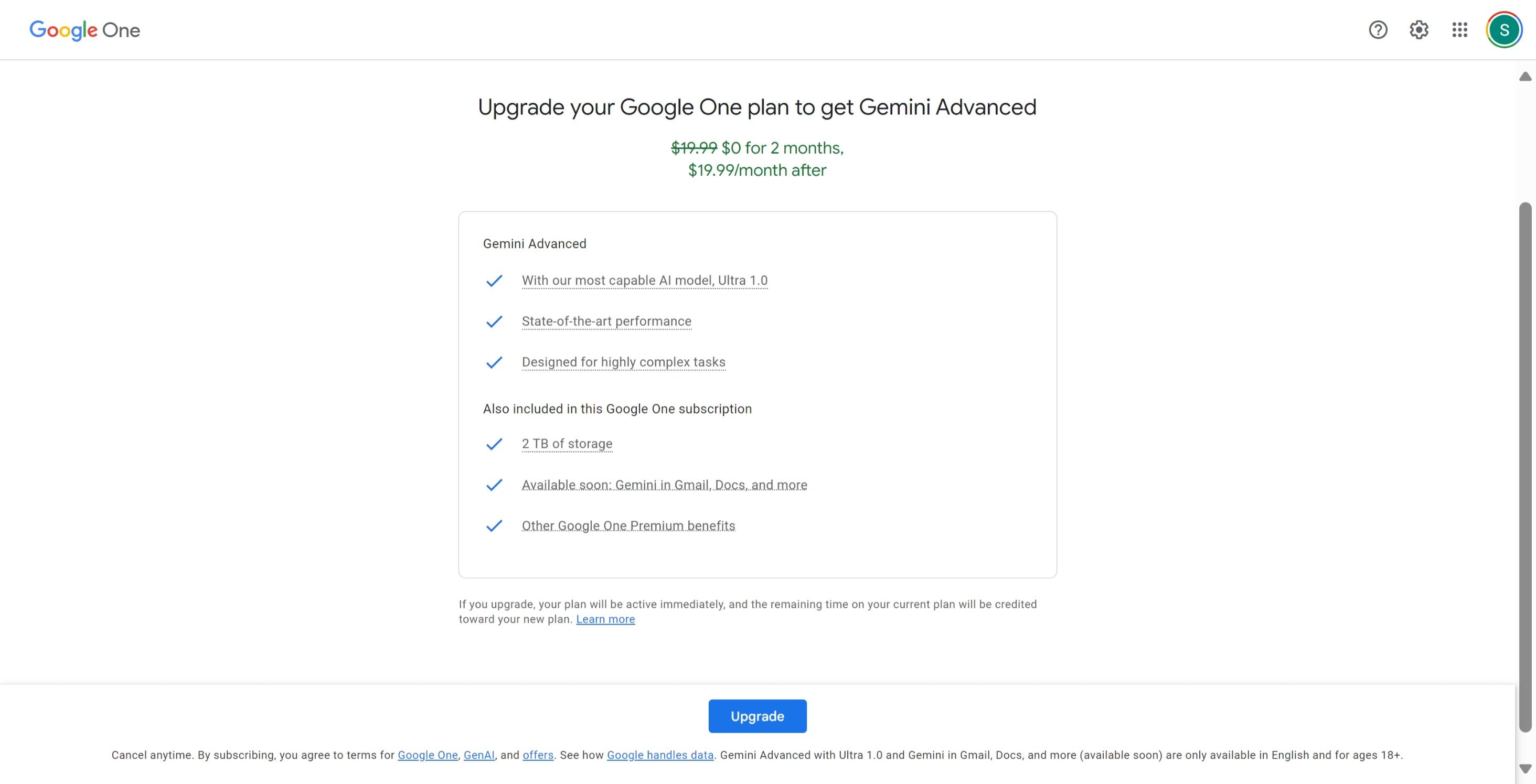 A screenshot of the Gemini Advanced enrollment and upgrade page in USD