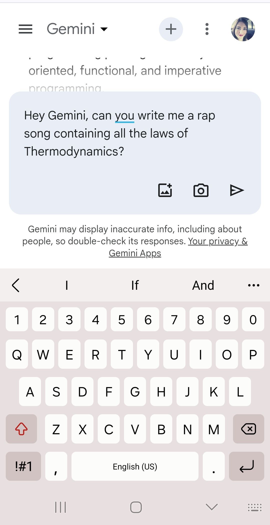 google gemini rap song request inputted into prompt box
