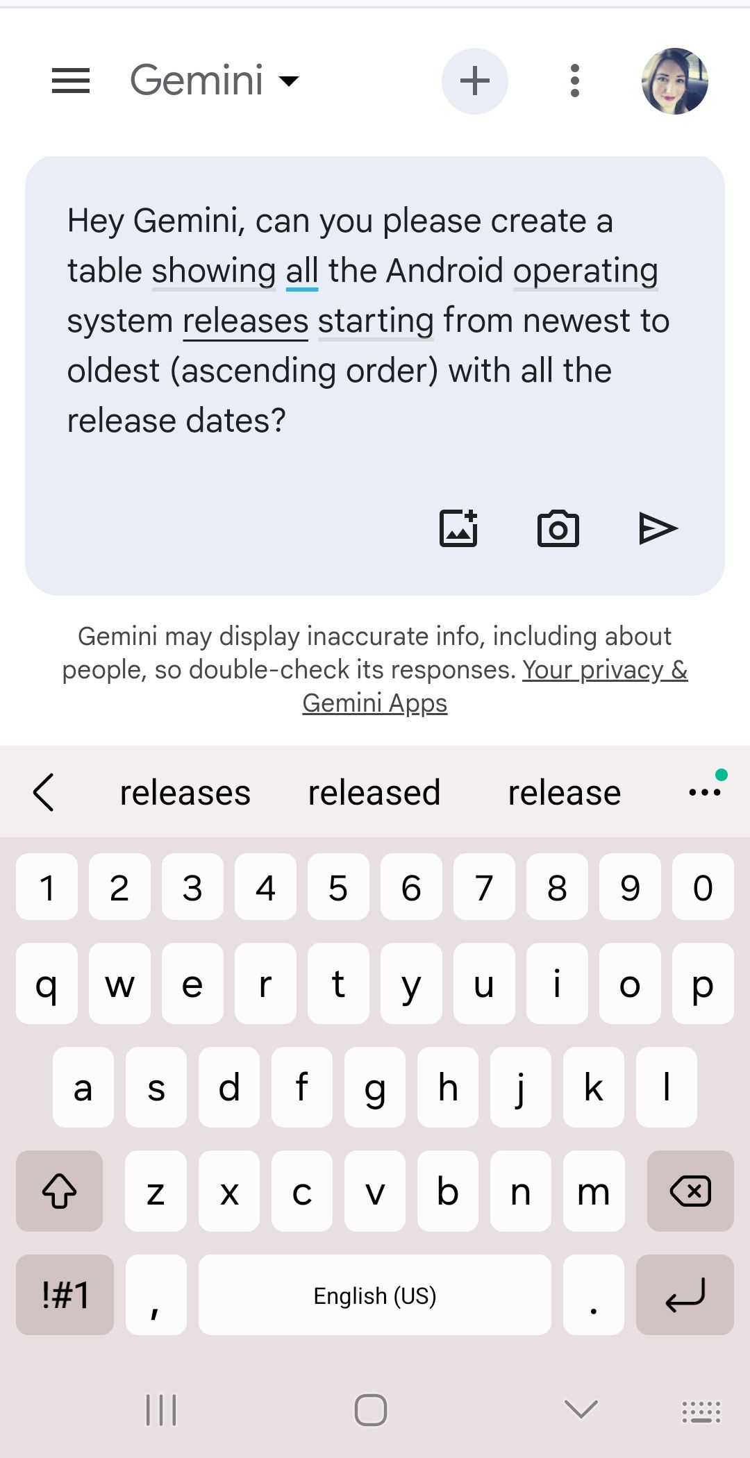 entered request for google gemini to make a table inside prompt box