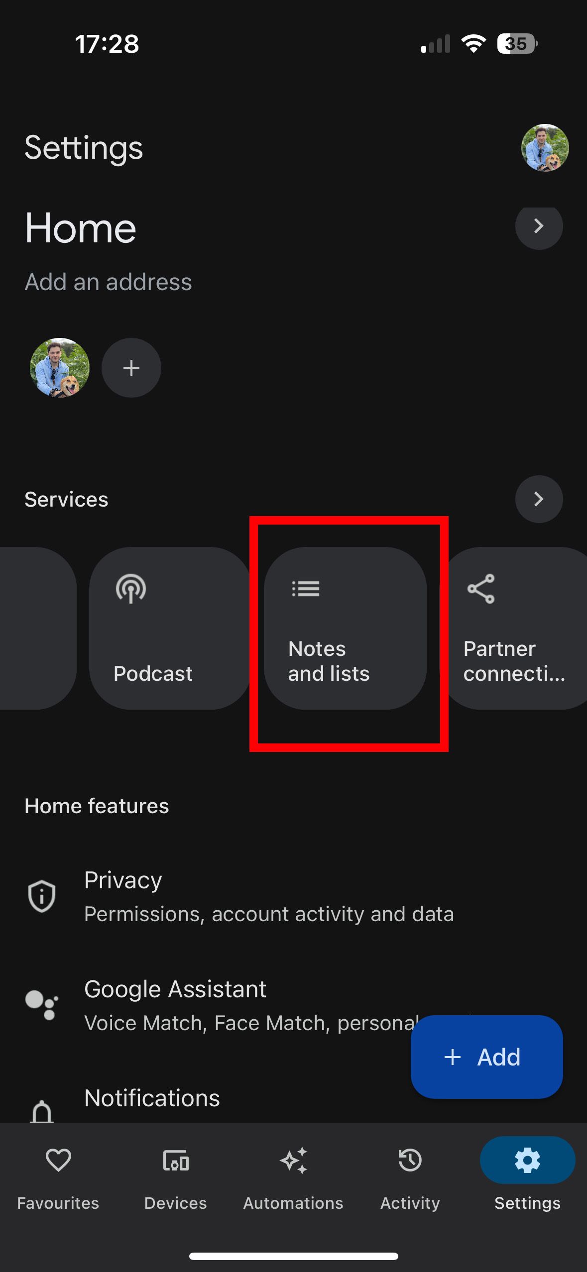 A screenshot of Google Home's settings page, highlighting the 