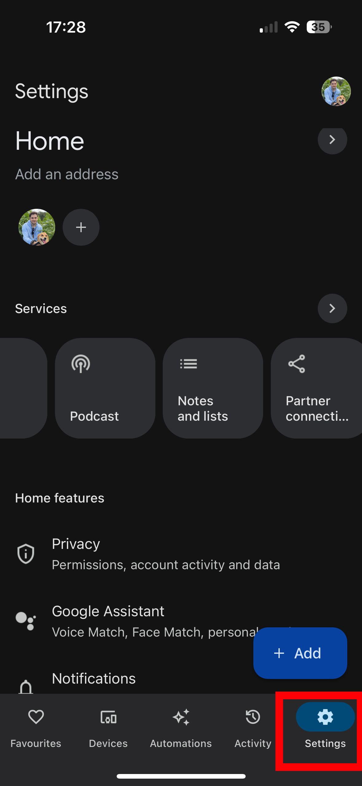 A screenshot of Google Home's main menu, showing the 