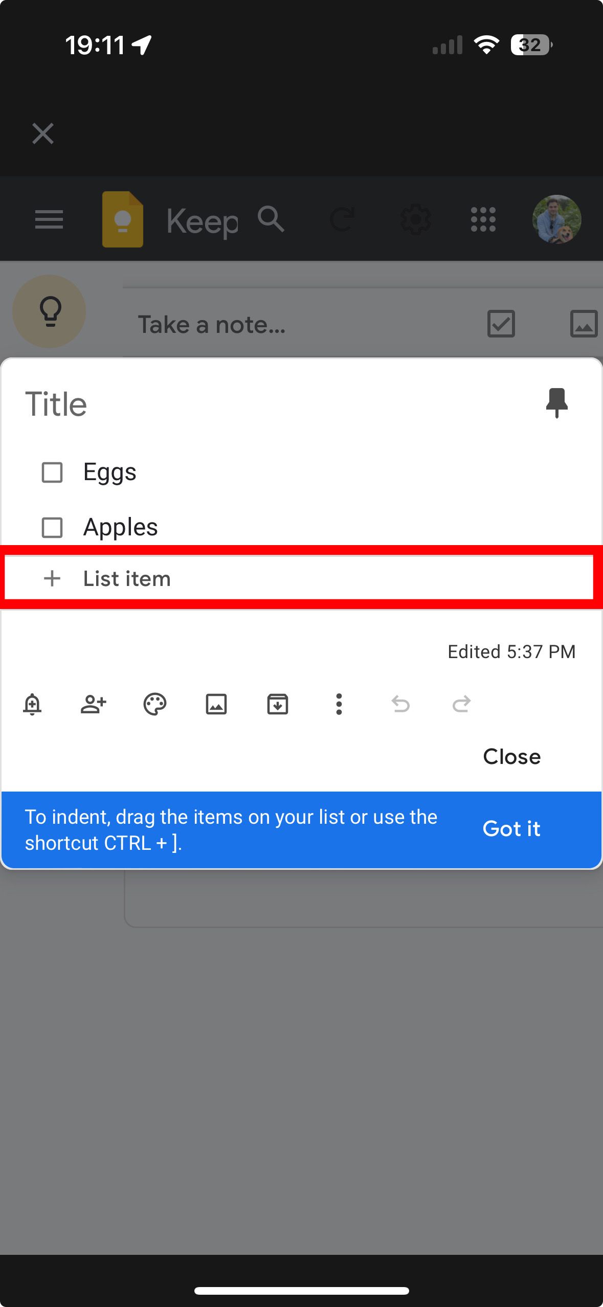 creenshot of a Google Keep app screen showing the 'List' section with 'Add List Item' button highlighted.