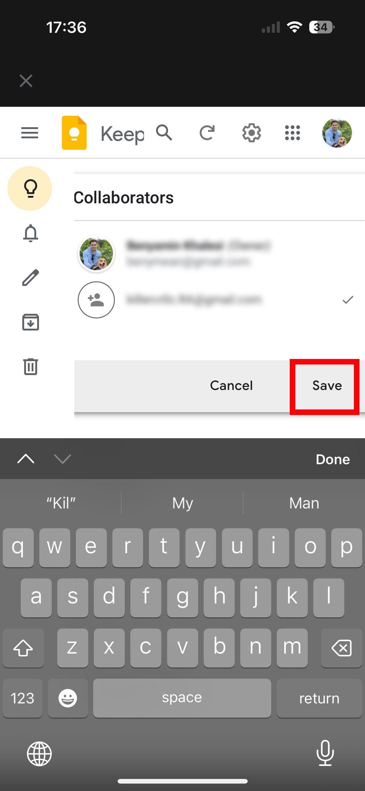 Screenshot of a Google Keep app screen showing the 'Collaborators' section with a 'Save' button highlighted.