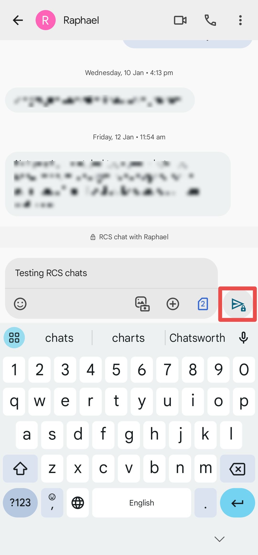 Google message composer with send button highlighted