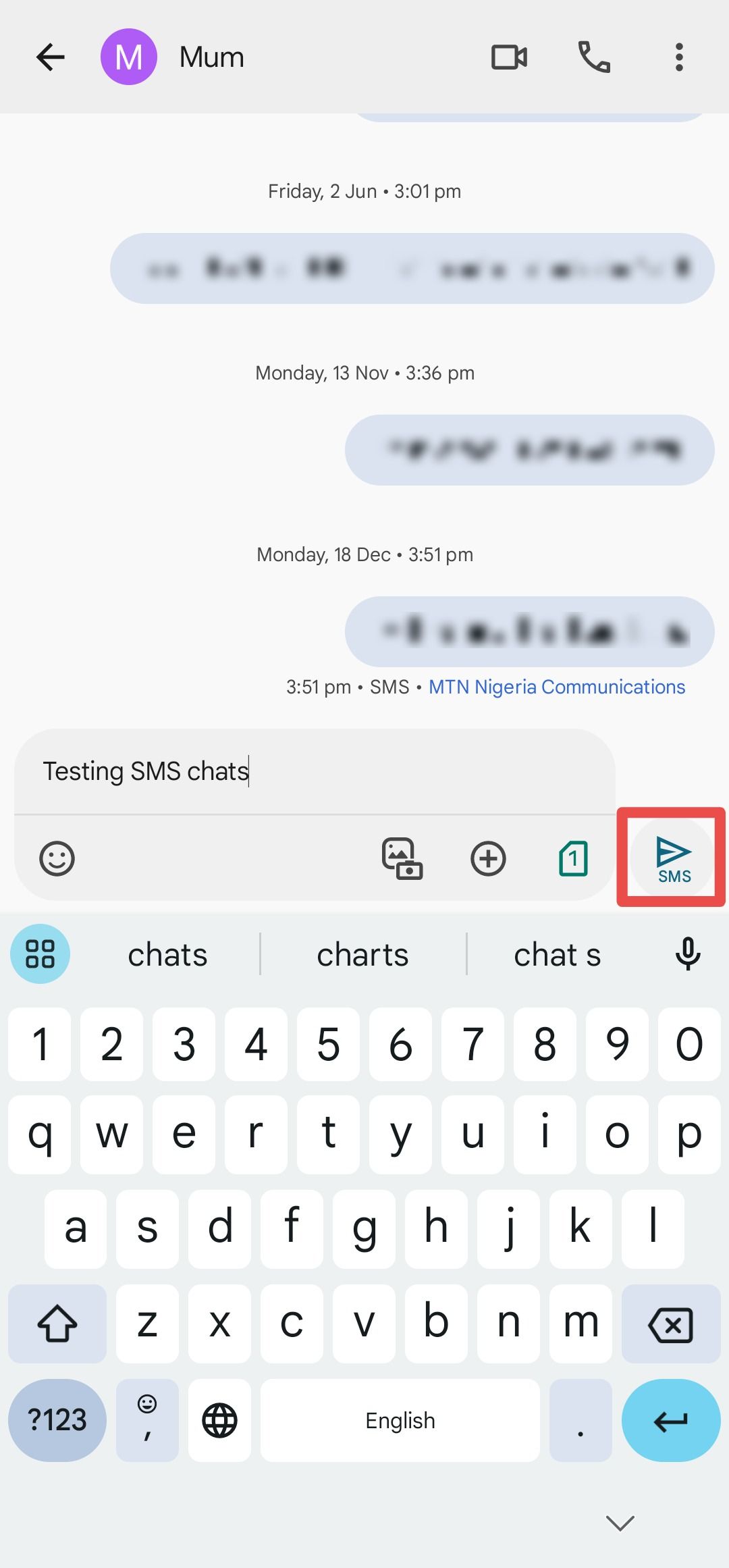 Google message composer with send button highlighted