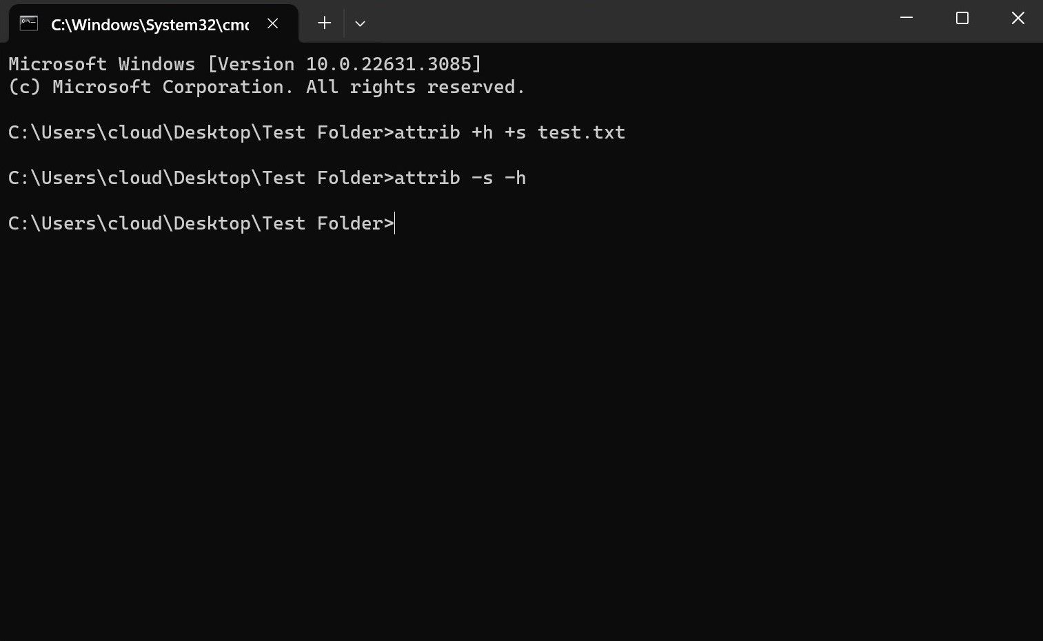 A Windows command prompt showing the command to hide a file and another command to unhide that same file.