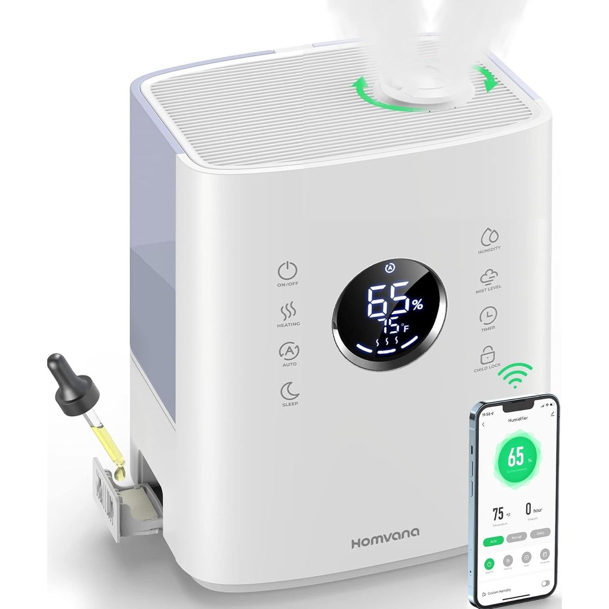 The Homvana H111S smart humidifier and a smartphone against a white background