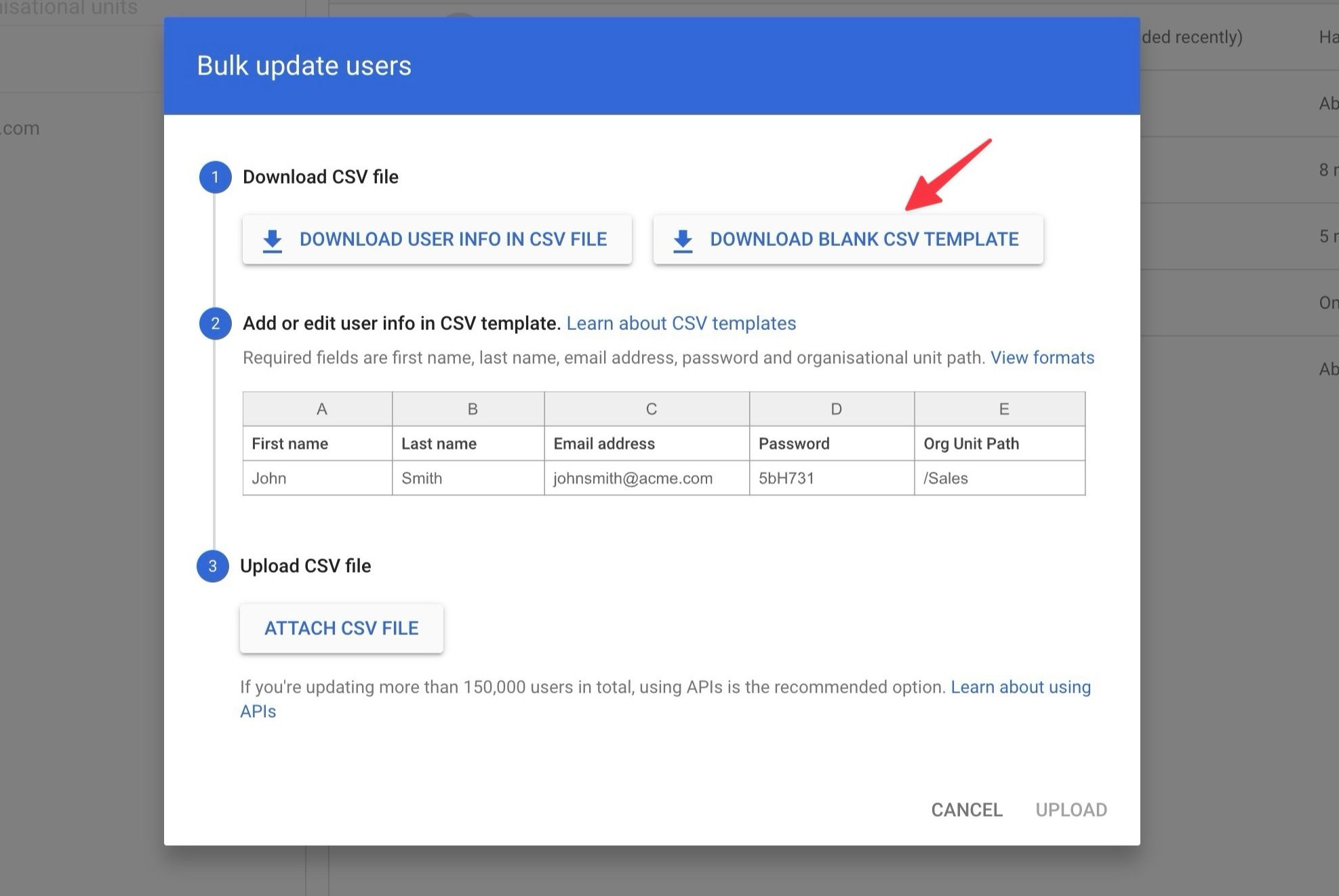 Download a blank CSV template in the Google Workspace admin console