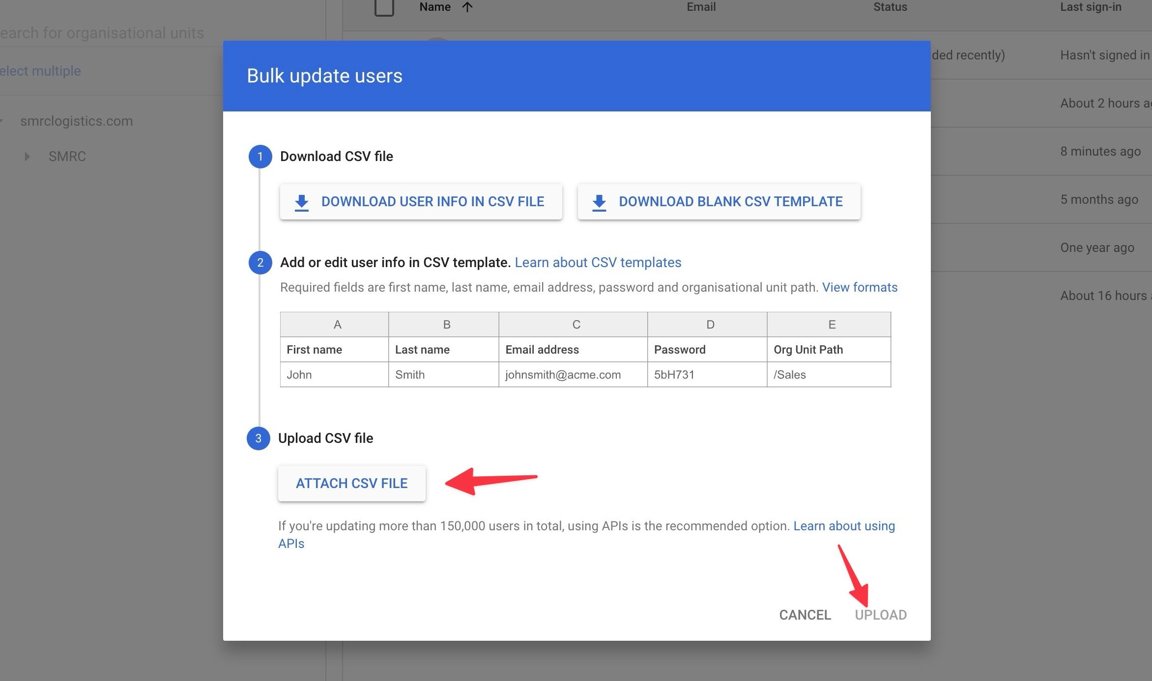 Upload a CSV file to the Google Workspace admin console