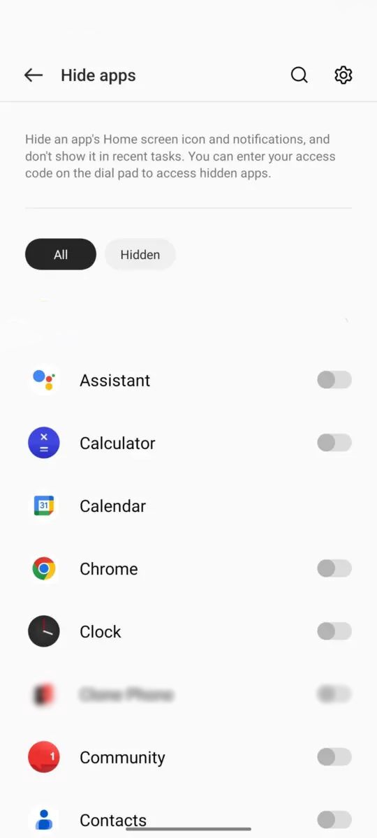 Hide apps page on OnePlus phone.