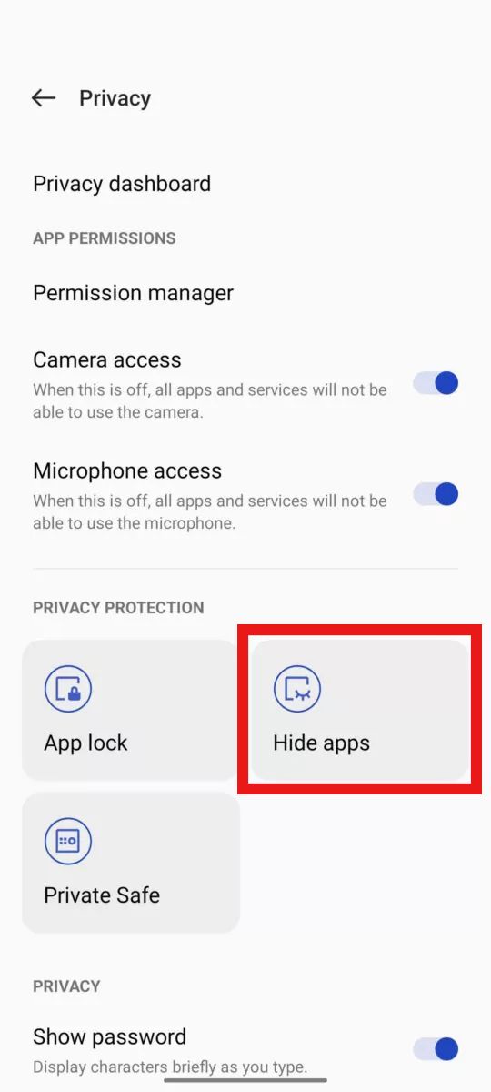 A screenshot of the Privacy page on a OnePlus phone.