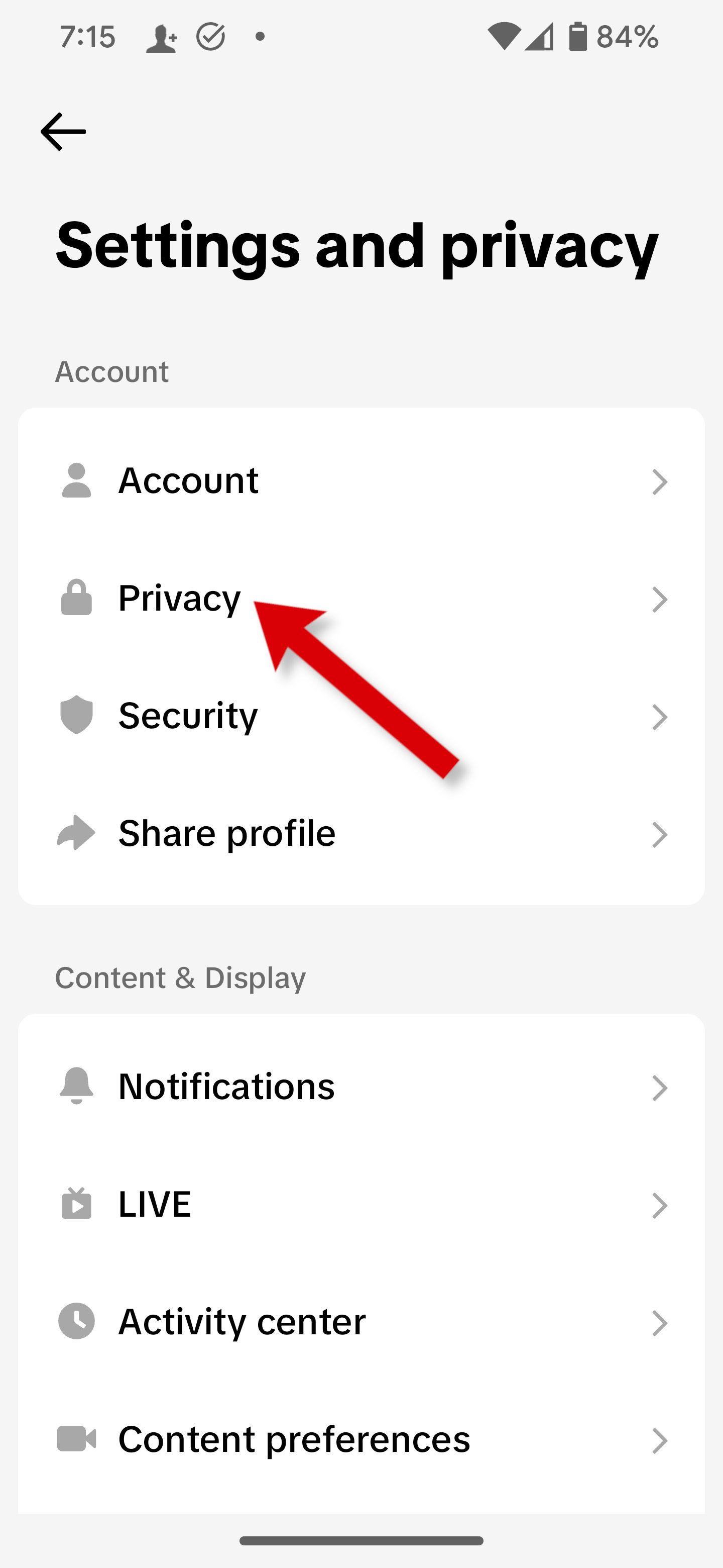 How to open your TikTok privacy settings.