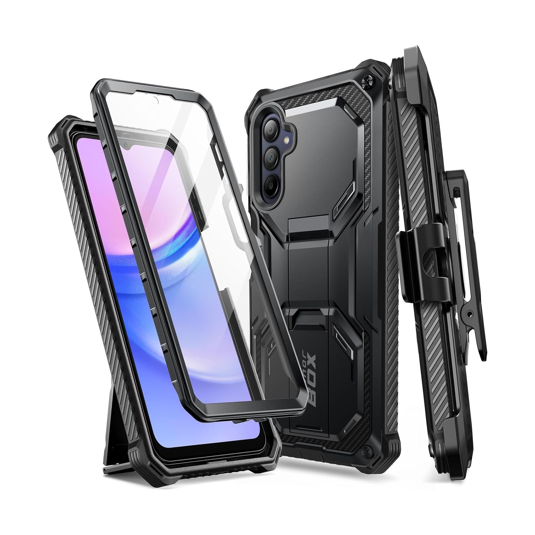 Render of i-Blason Armorbox for Samsung Galaxy A15 5G showing removable screen guard and kickstand