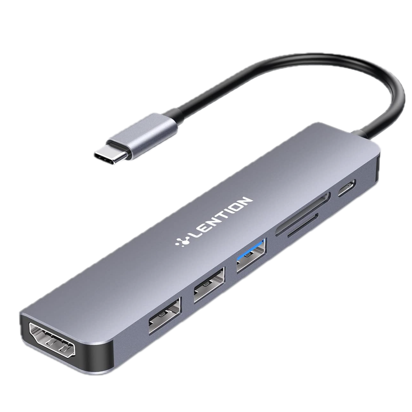 Lention USB C Hub for Chromebook in silver on white background