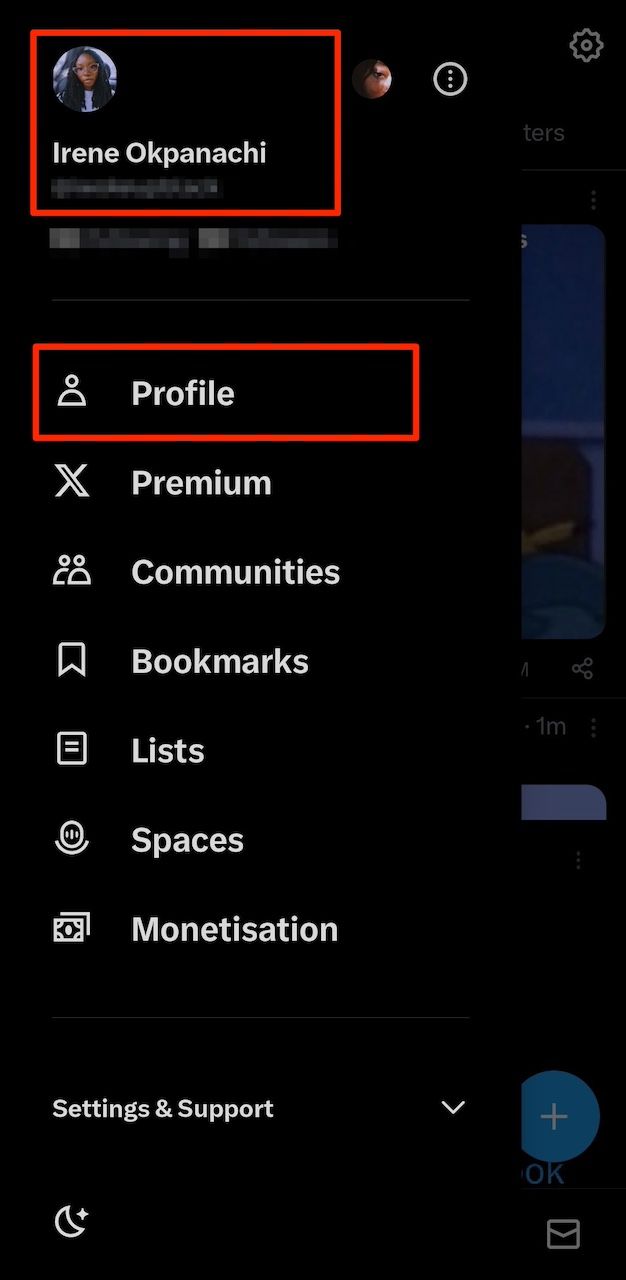Menu options on the X mobile app