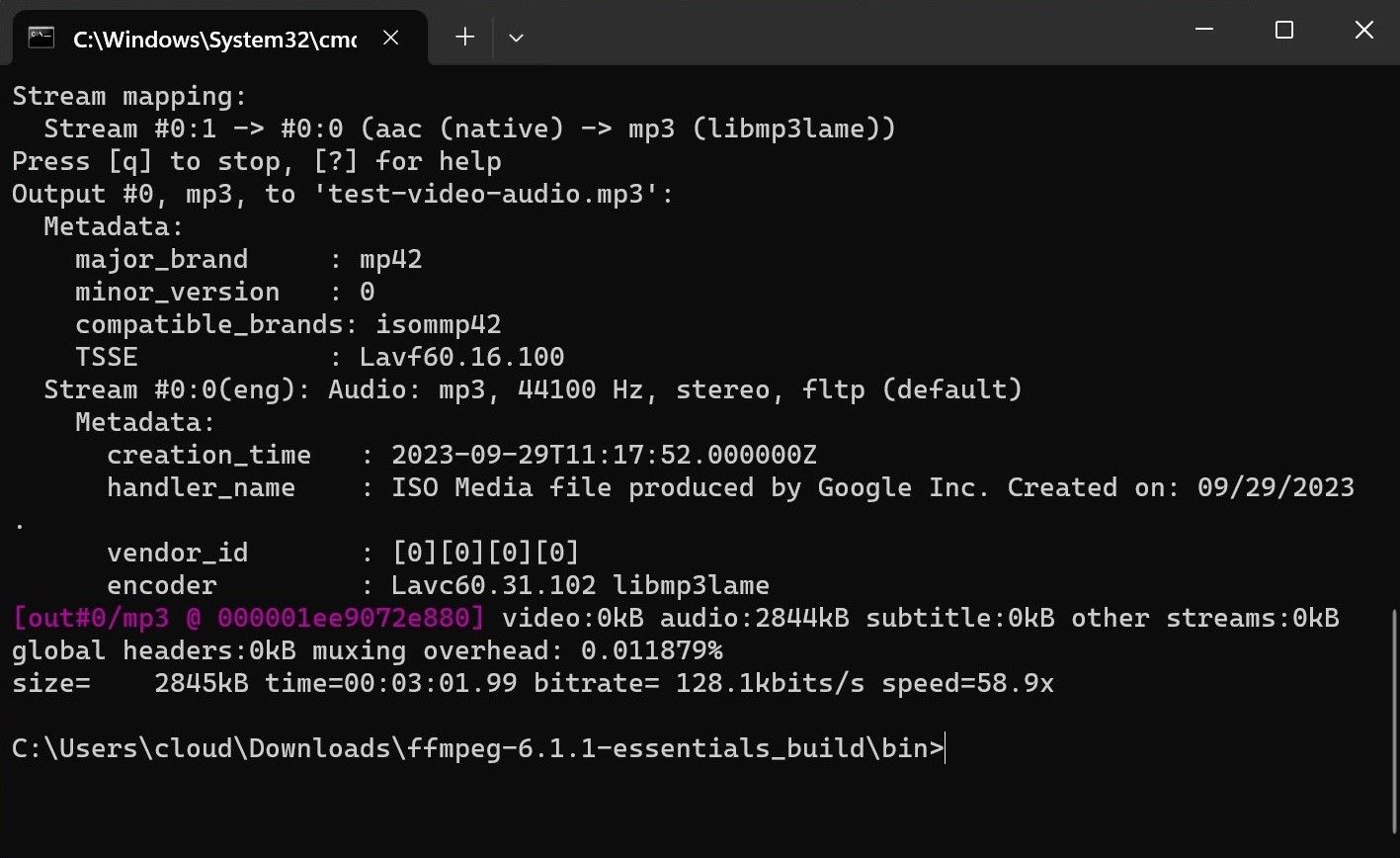 A Windows command prompt showing an MP4 video file being converted to an MP3 audio file.