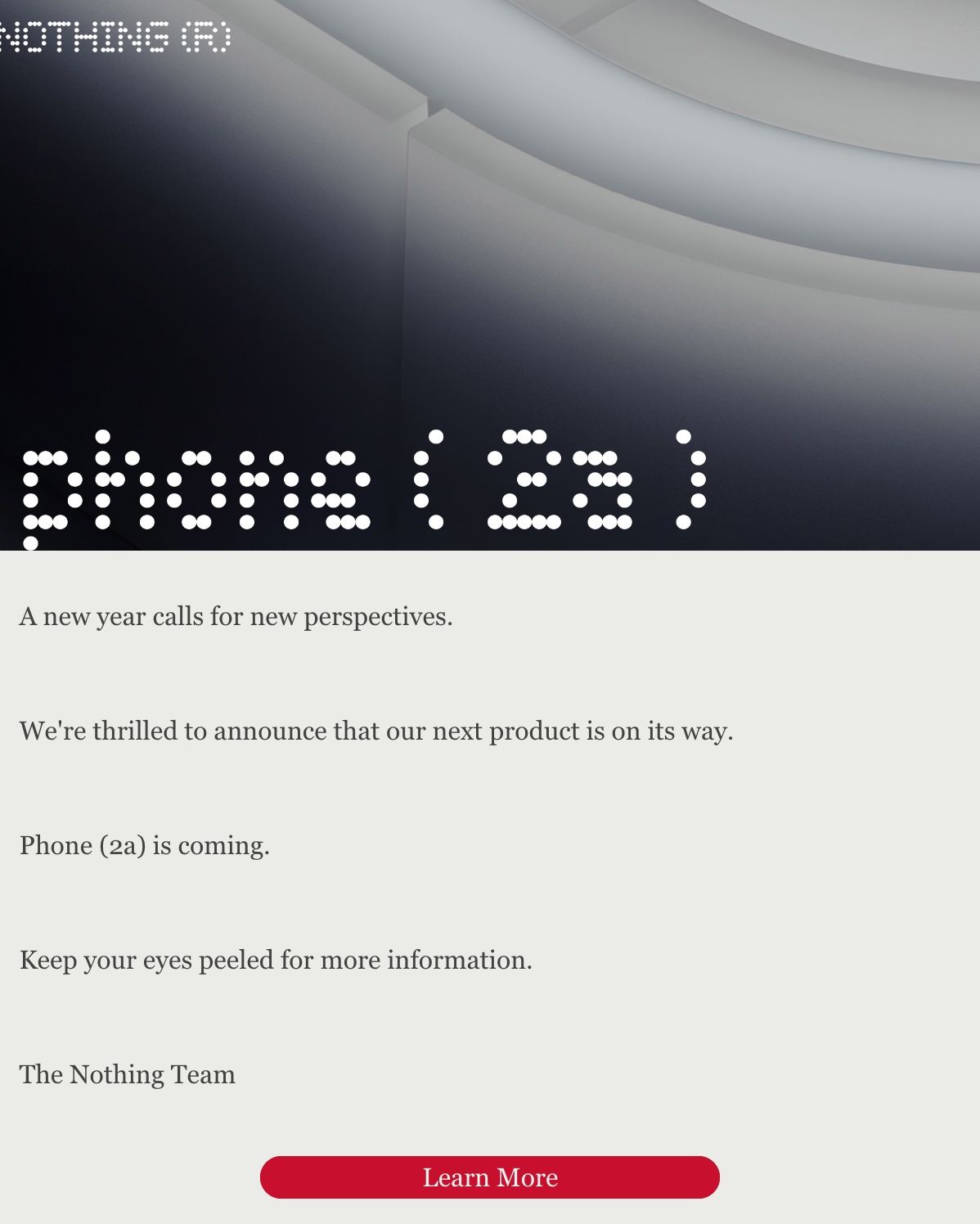 A screenshot of the Nothing Phone 2a's teaser email