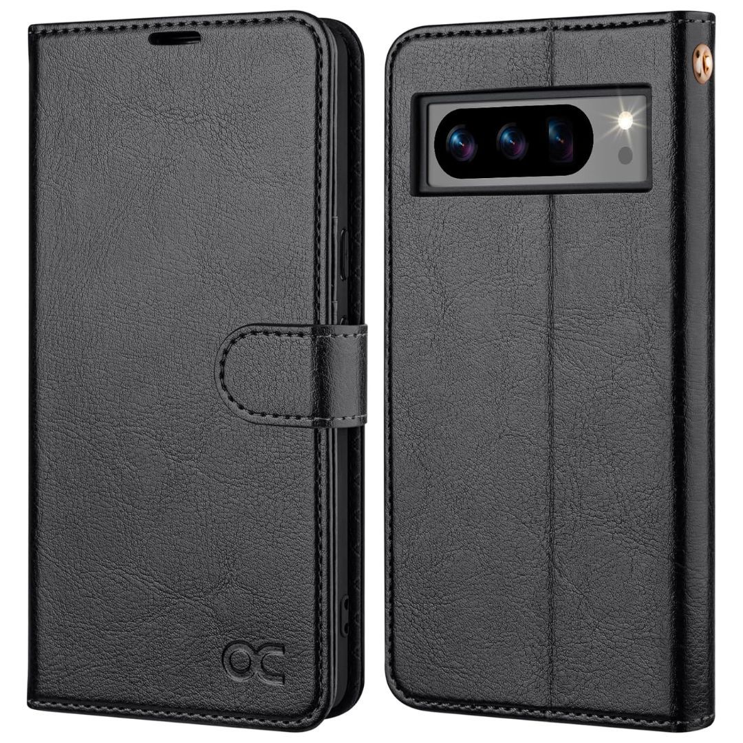 Showing the black front cover of OCASE folio leather case and the back with the camera module for the Google Pixel 8 Pro