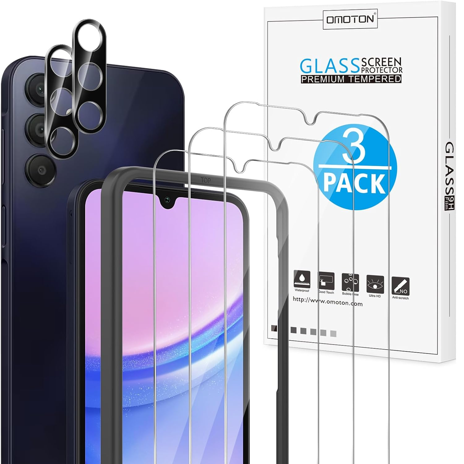 OMoton screen protectors for A15 beside packaging