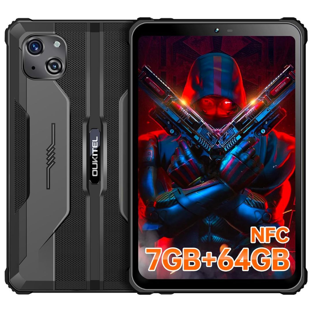 An image showing the back and the front view of the OUKITEL RT 3 tablet with an dark wallpaper of a character holding up two weapons