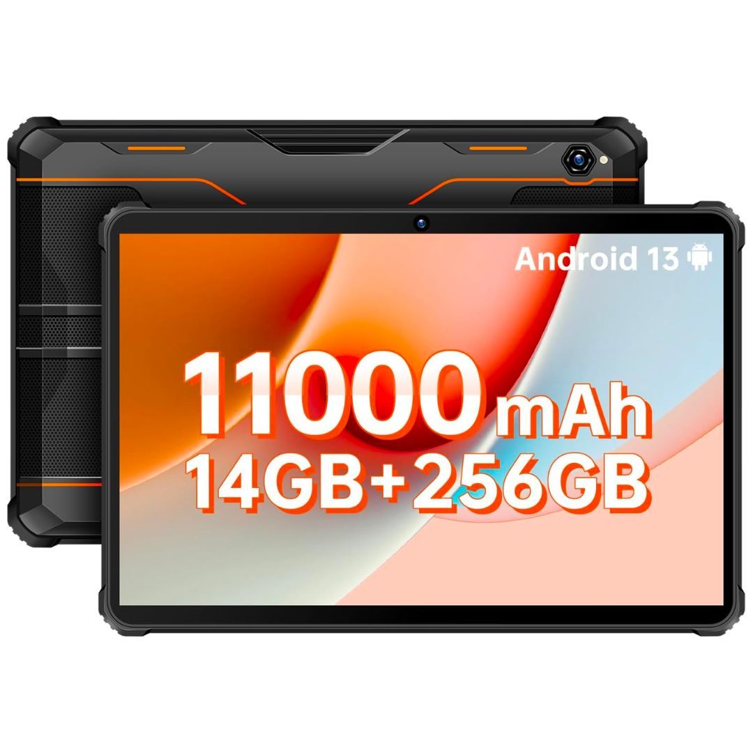 An image showing the back and the front view of the OUKITEL RT 5 tablet with an orange wallpaper