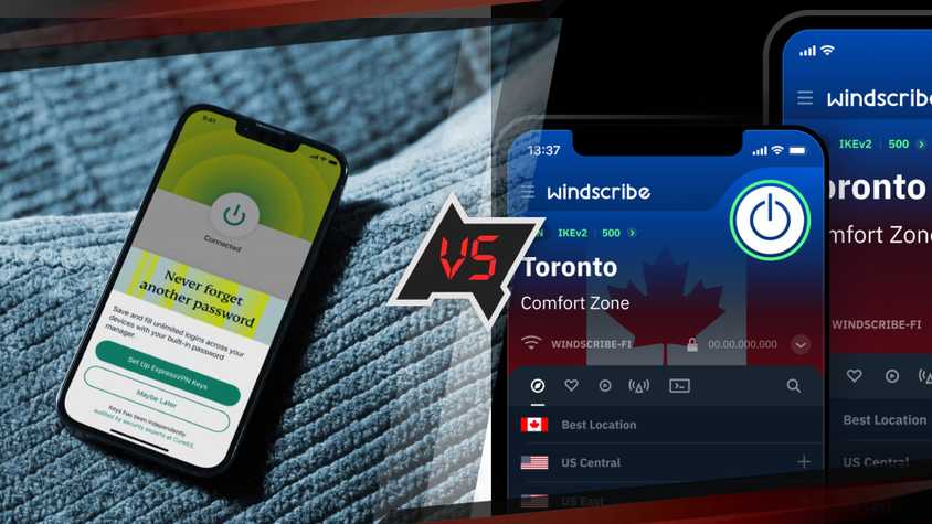 Images of ExpressVPN and Windscribe VPN running on phones with a 'vs' logo in between