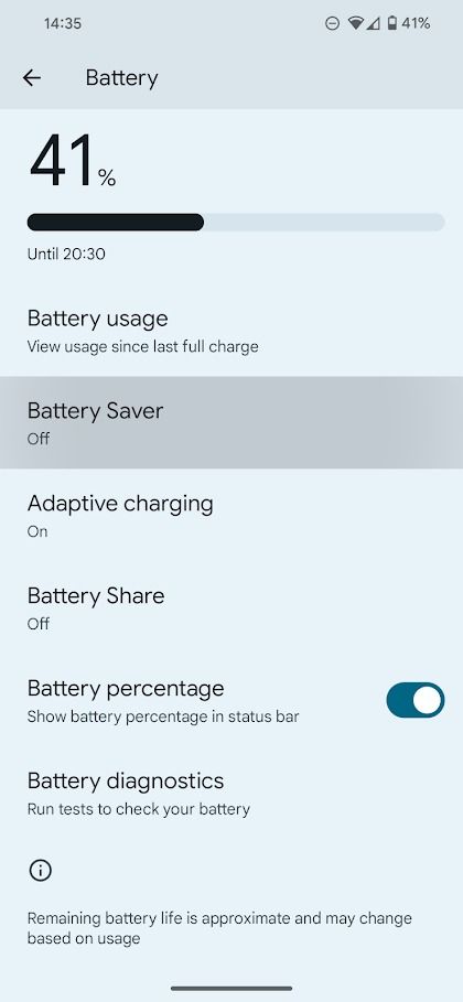 pixel settings app battery menu