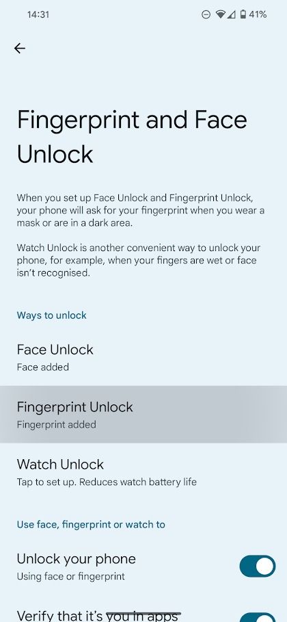 pixel settings app fingerprint unlock window
