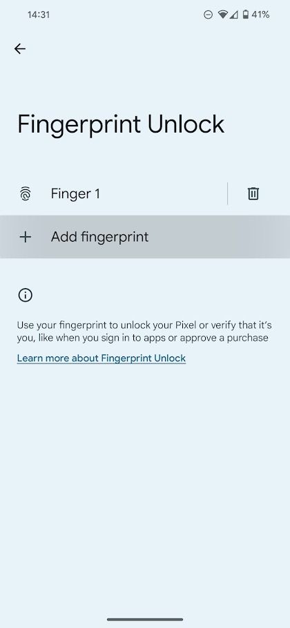 pixel settings app add fingerprint window