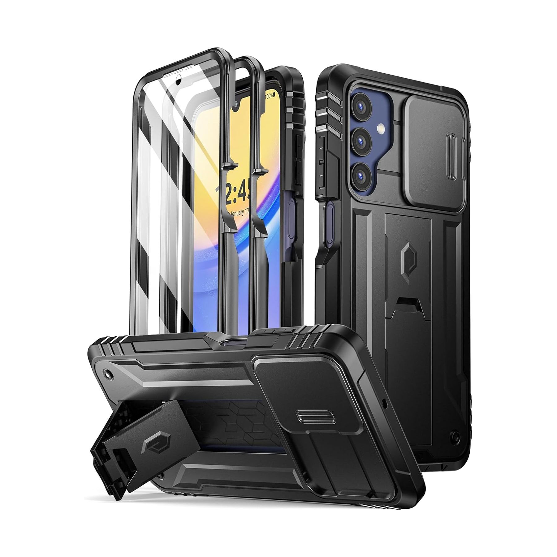 Render of Poetic Revolution Case for Samsung Galaxy A15 showing kickstand and removable screen protector