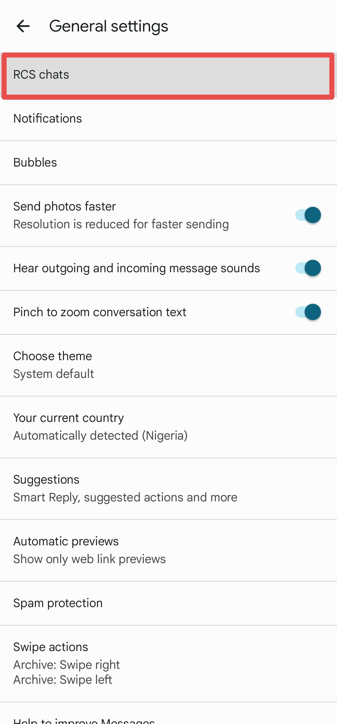 Google Messages general settings menu with RCS chats highlighted