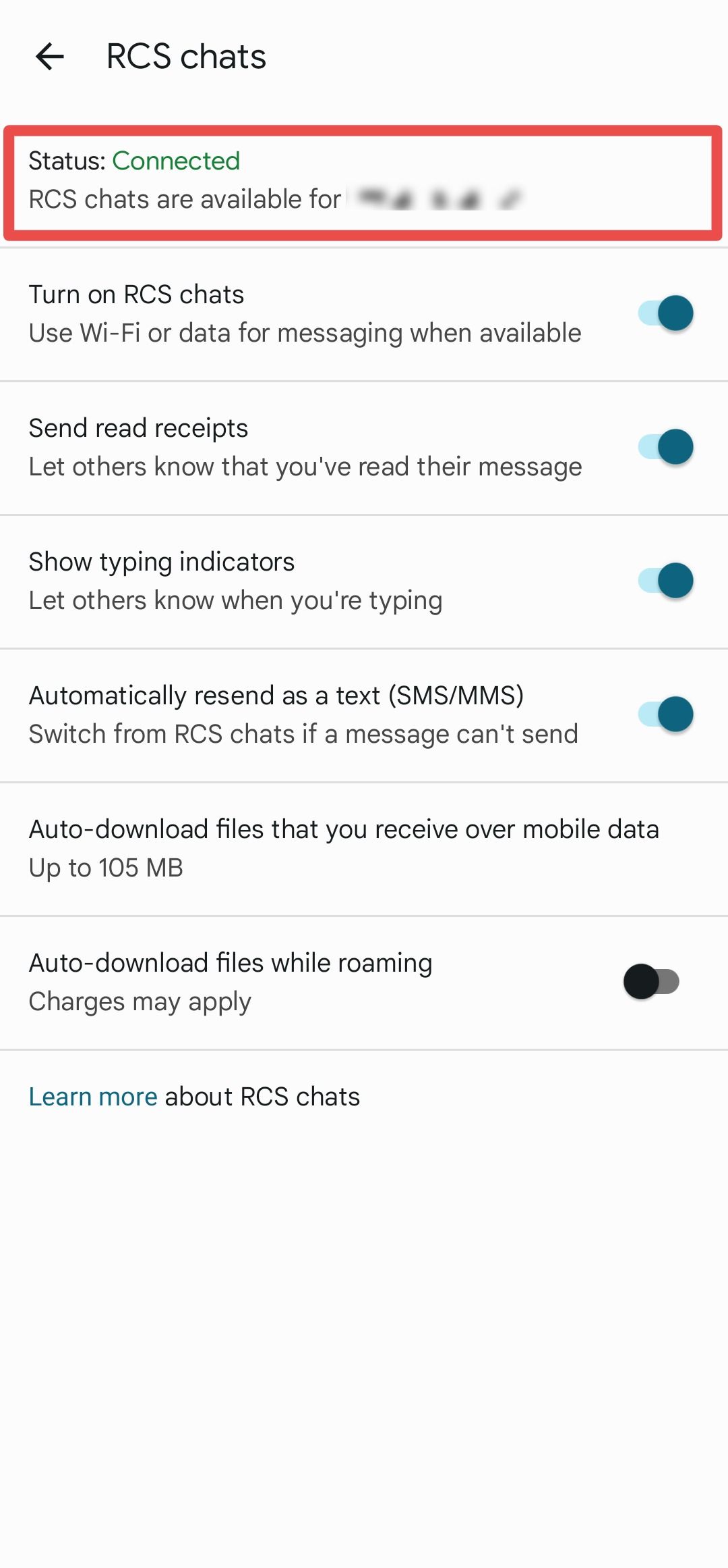 Google Messages RCS chat settings with RCS status highlighted