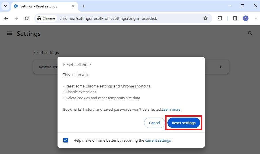 Screenshot highlighting 'Reset settings' in Chrome