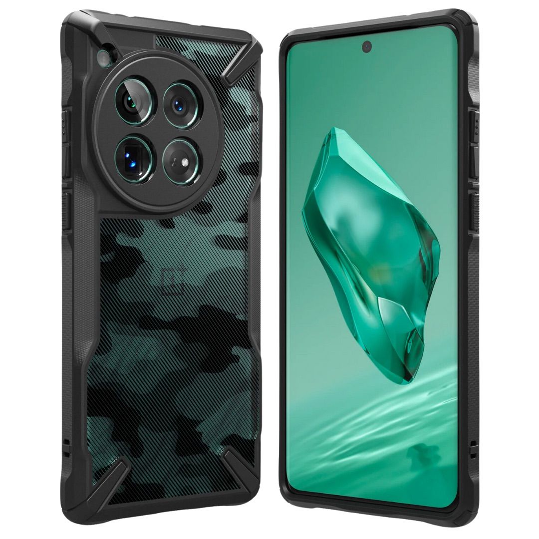 Displaying the front and back of the ringke fusion x case for the green oneplus 12