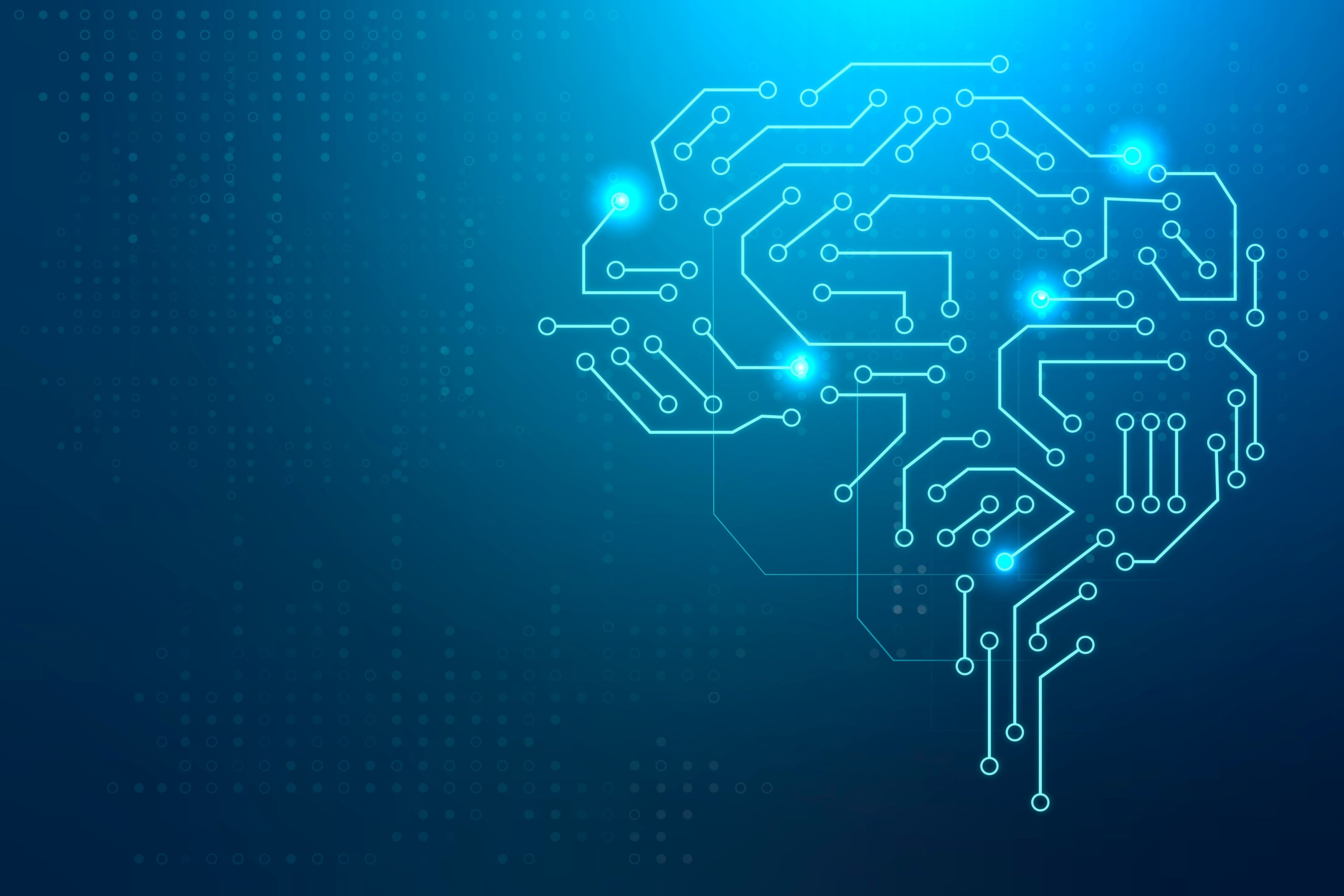 Digital illustration of a brain-shaped circuit network on a dark blue background, symbolizing the concept of artificial intelligence and machine learning, with glowing connection points representing neural activity or data processing.