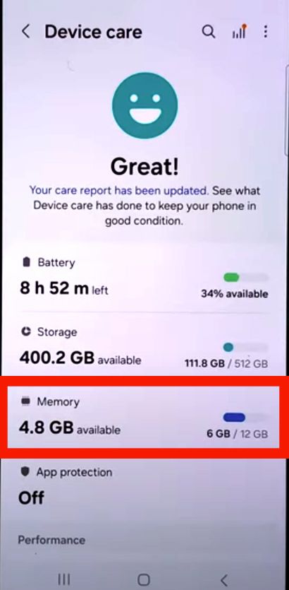 A Samsung screen showing 'Device care' menu with a red rectangle highlighting the memory status, and indicating 4.8 GB available out of 12 GB