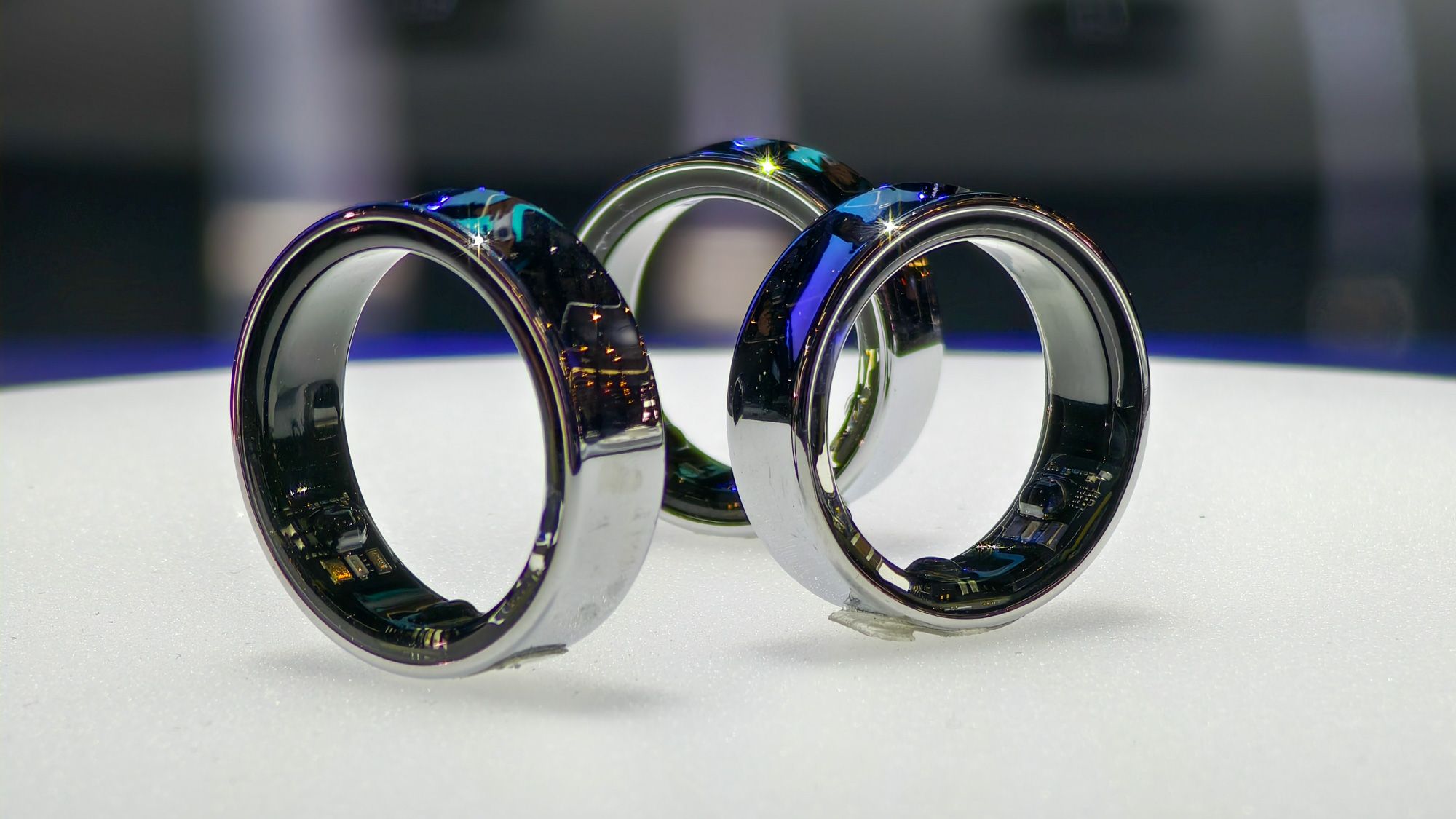 Samsung Galaxy Ring at MWC 2024, three rings standing together in the silver color