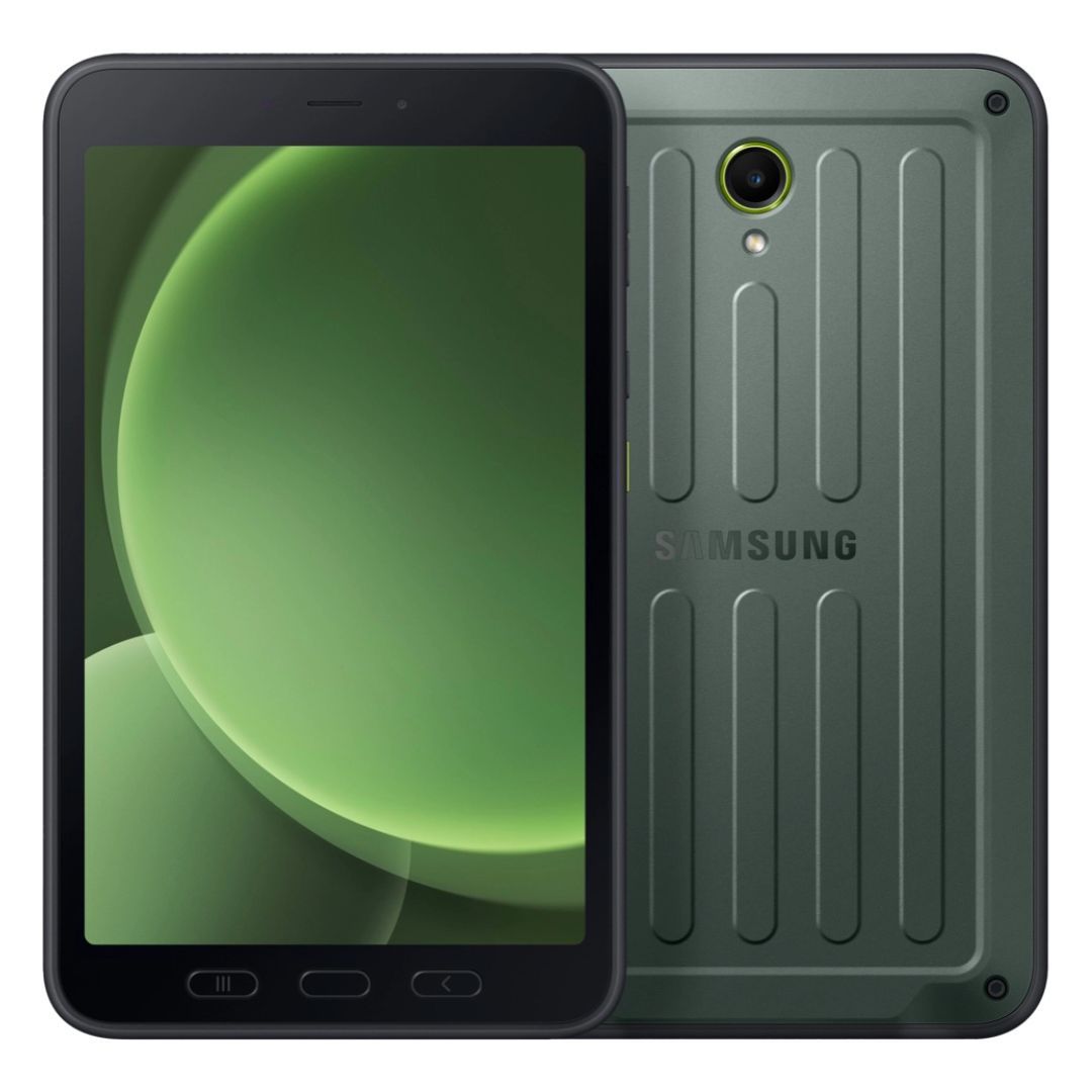 Displaying the front and back of the Samsung Galaxy Tab Active 5 tablet with a green wallpaper