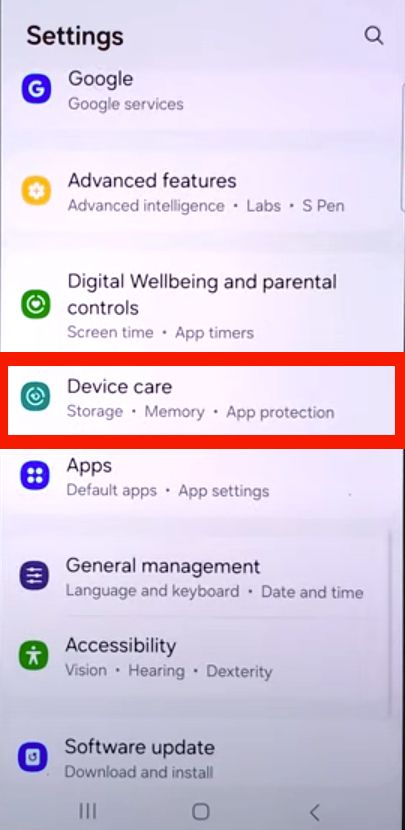 A screenshot of Samsung Settings menu with 'Device care' highlighted, indicating access to storage, memory, and app protection settings.