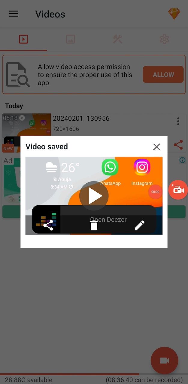 Saved screen recording preview on AZ Recorder app