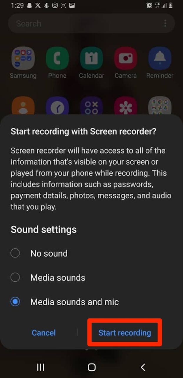 Screen recorder options on Android