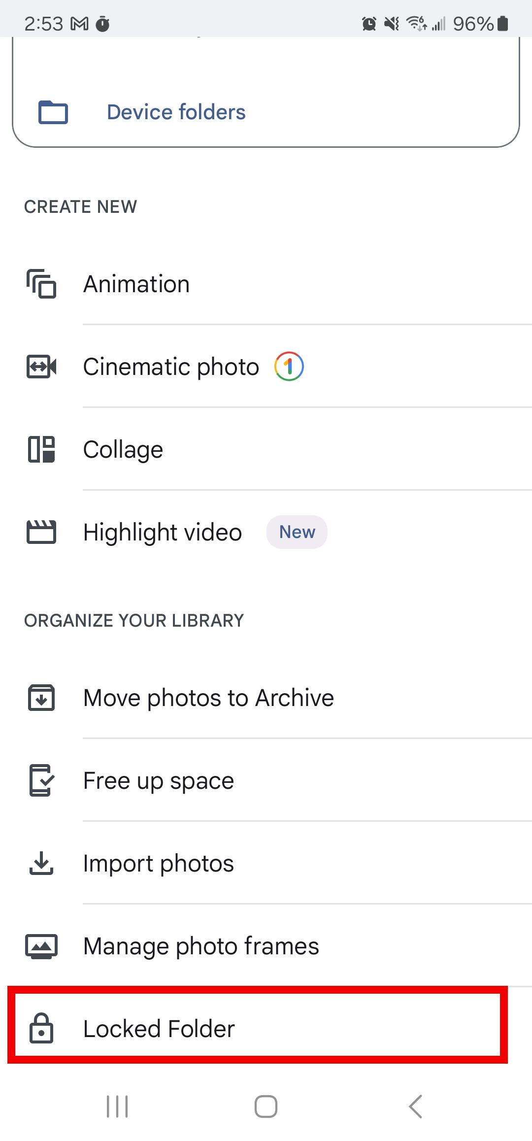 Tangkapan skrin Google Photos dalam fail Utiliti dengan "Folder Berkunci" ditonjolkan.