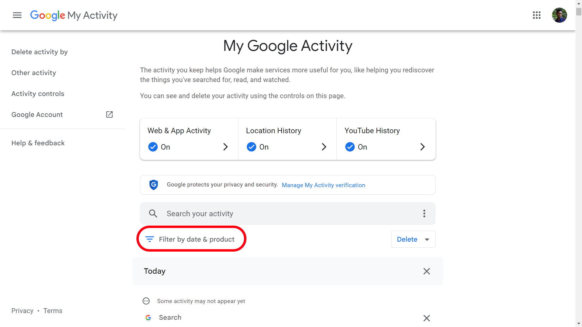 Filtering Google account activity by app and date