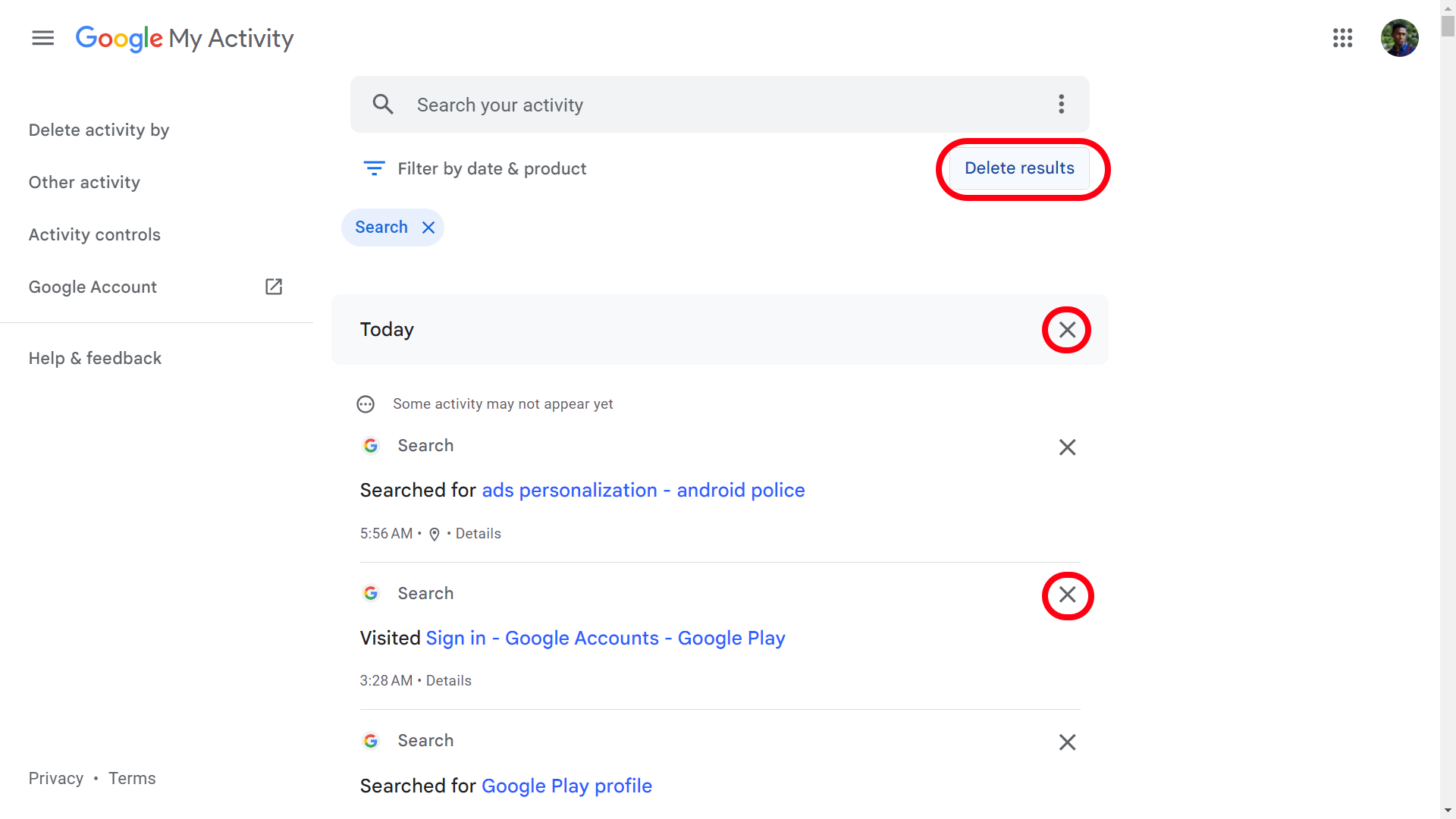 Deleting individual or collective search history on web