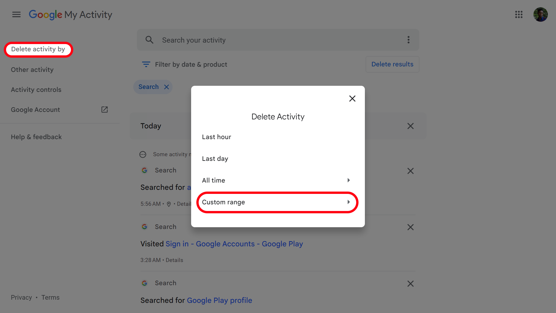 Deleting search history by custom range
