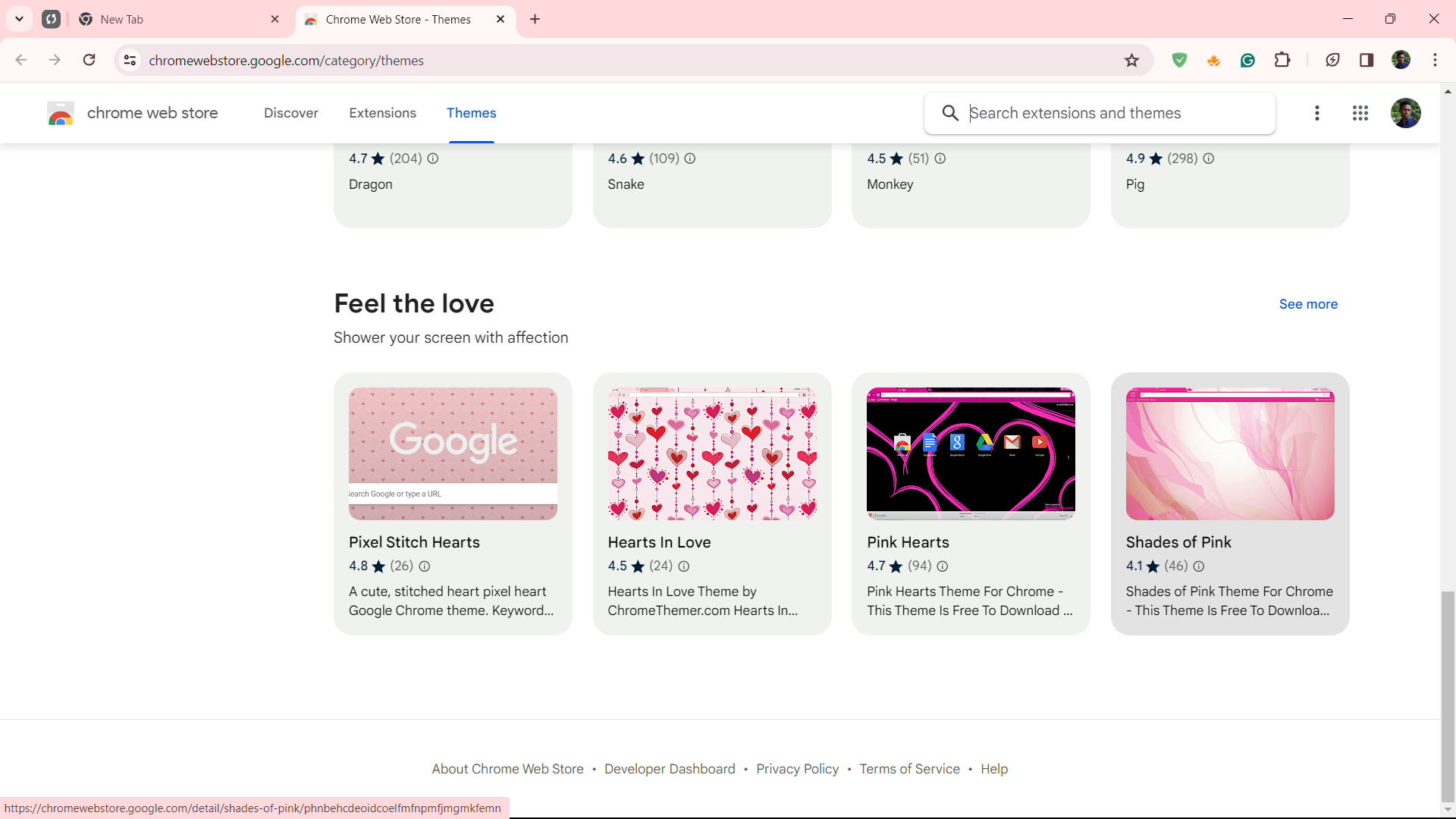 Selecting a theme in the Chrome Web Store